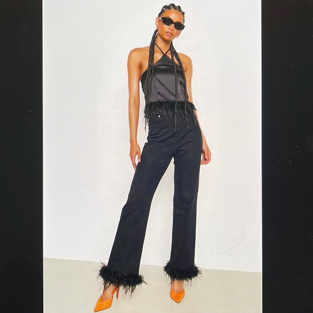 NWT BooHoo Tall Feather Trim Straight Leg Jean